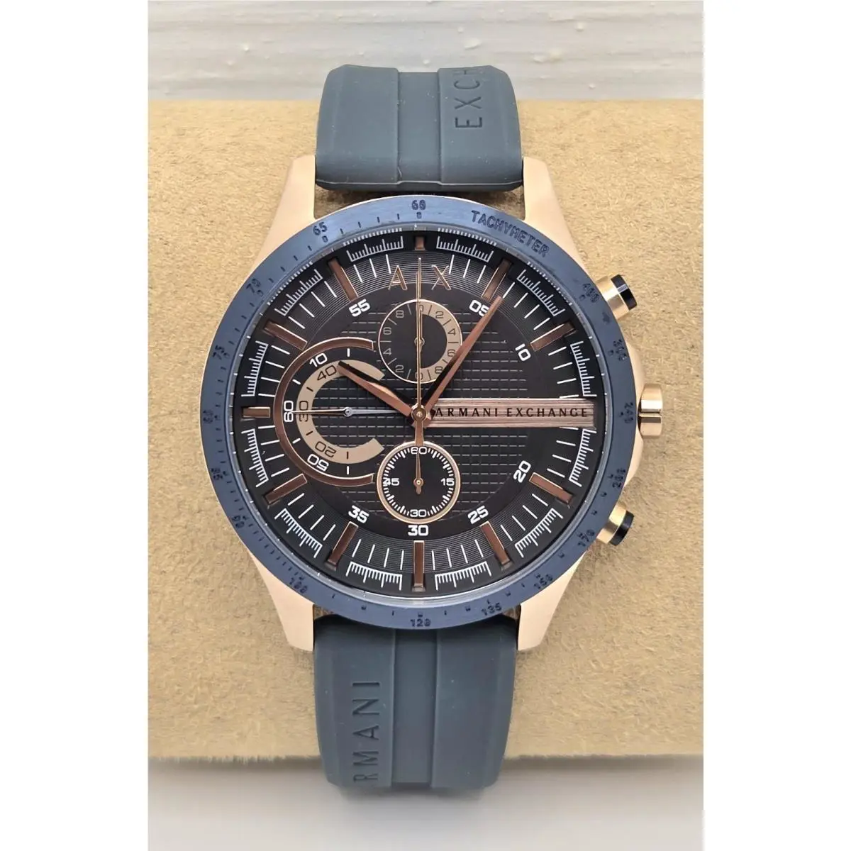 A/x Armani Exchange AX2440 Chronograph Blue Silicone Rose Gold Accent Mens Watch
