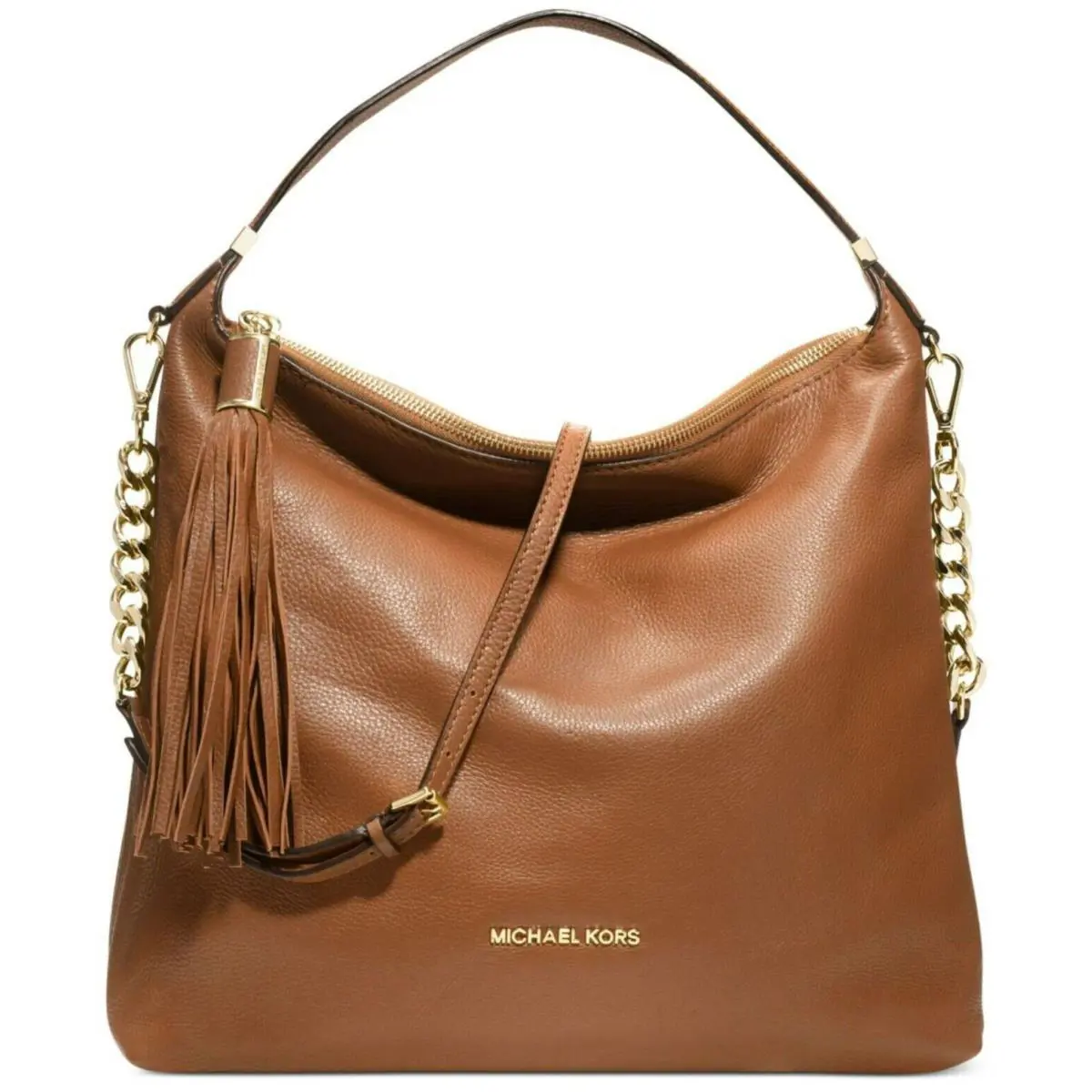 Michael Kors Weston Luggage Brown Gold Leather Large Top Zip Shoulder Bag