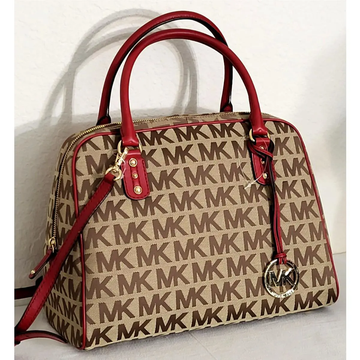 Michael Kors Signature Beige Red Logo Large Satchel Bag +/or Red Wallet