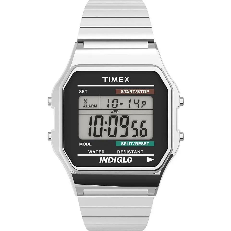 Timex T78587 Men`s Classic Digital Dress Stainless Steel Expansion Band Watch - Dial: Black, Band: Silver, Bezel: Silver