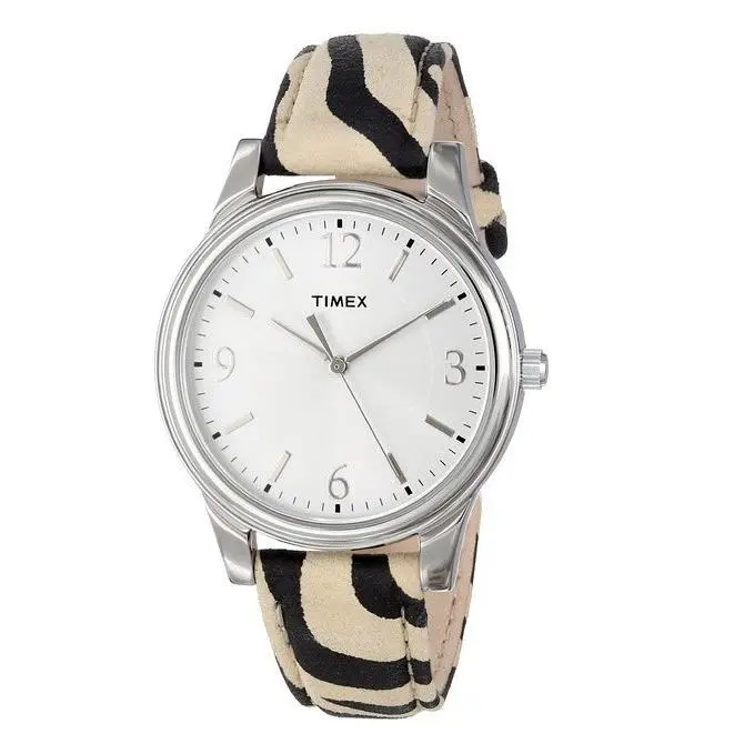 Beige Black Zebra Pattern Leather Band Silver WATCH-T2P117 by Timex