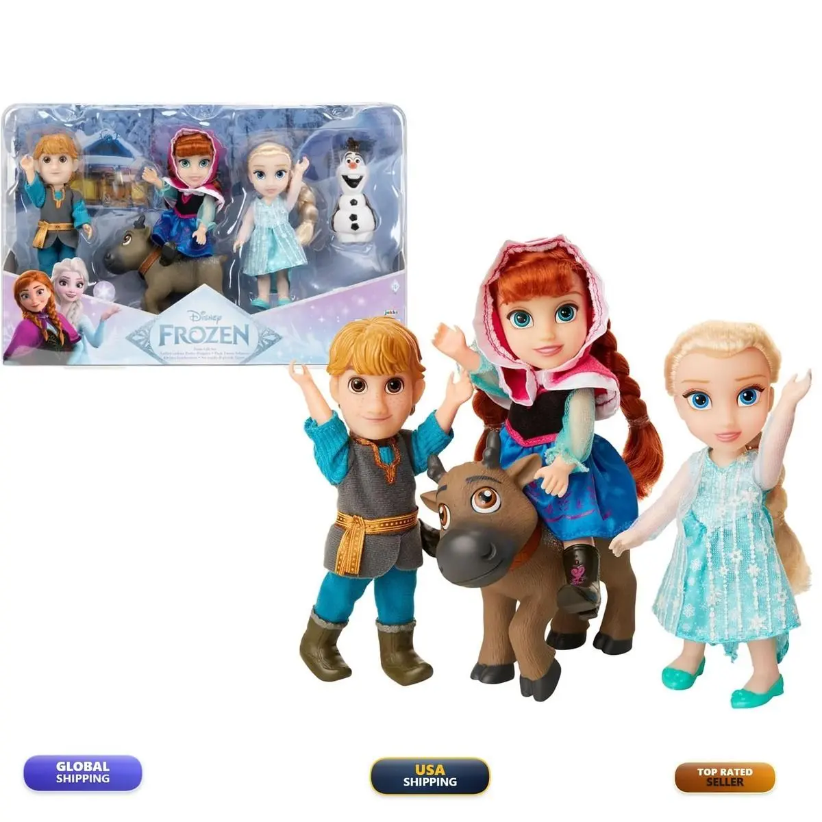 Disney Frozen Deluxe Petite Doll Set Anna Elsa Kristoff Sven Olaf 6 - Doll Hair: Varies, Doll Eye: Varies