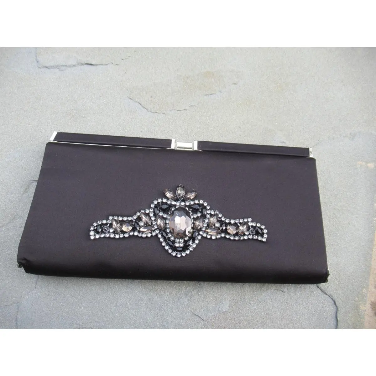 Guess Black Fabric Evening Bag/ Black Gold/clear Stone Embellishment
