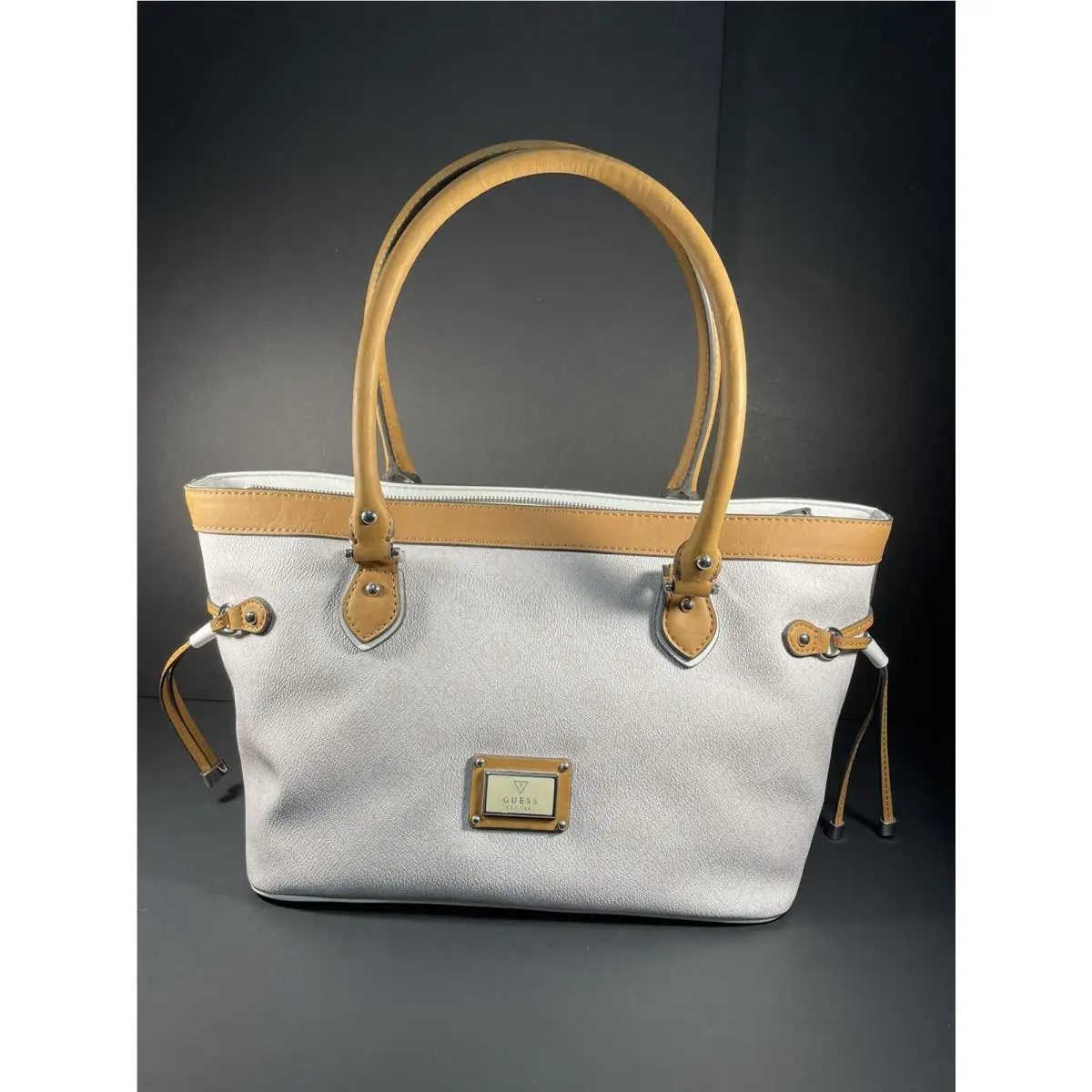 Guess Women`s Scandal Carryall Cement White Logo Handbag Purse Satchel