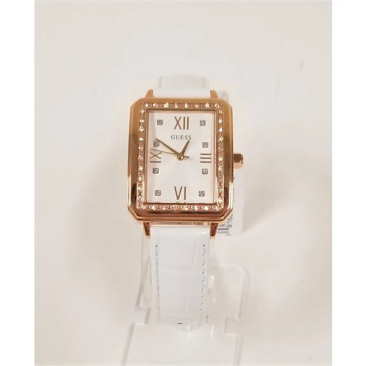 Guess Rose Gold Tone Crystals White Croc Embossed Leather Band WATCH-U0841L5