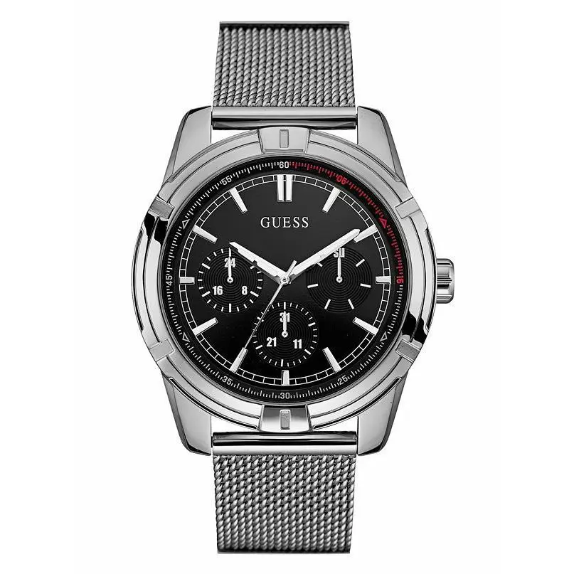 Guess Silver Tone Red Accent Mesh Stainless Steel Bracelet WATCH-U0965G1