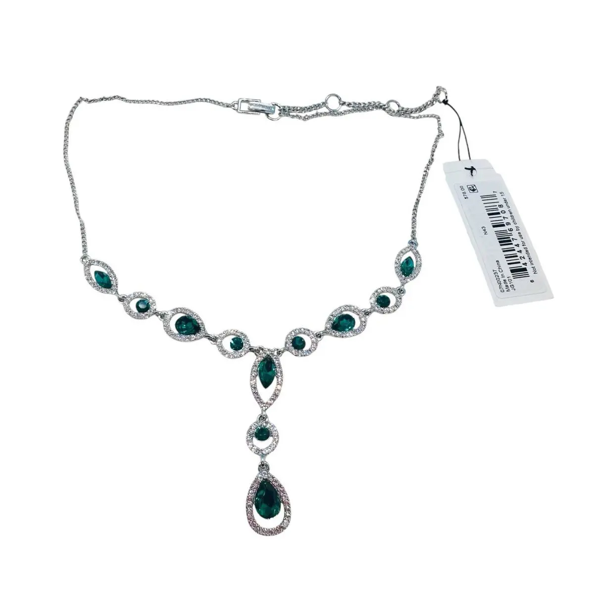 Givenchy Silver Tone Green/white Stones Pav Y Stone Lariat Necklace
