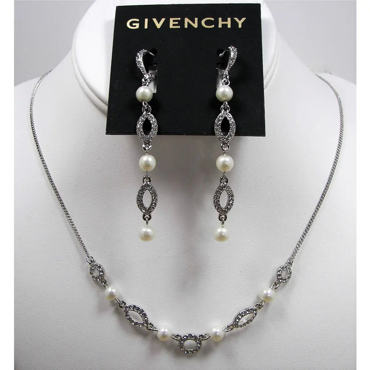 Givenchy Pearl Crystal Pave` Necklace Earrings Set Silver Tone Sparkle