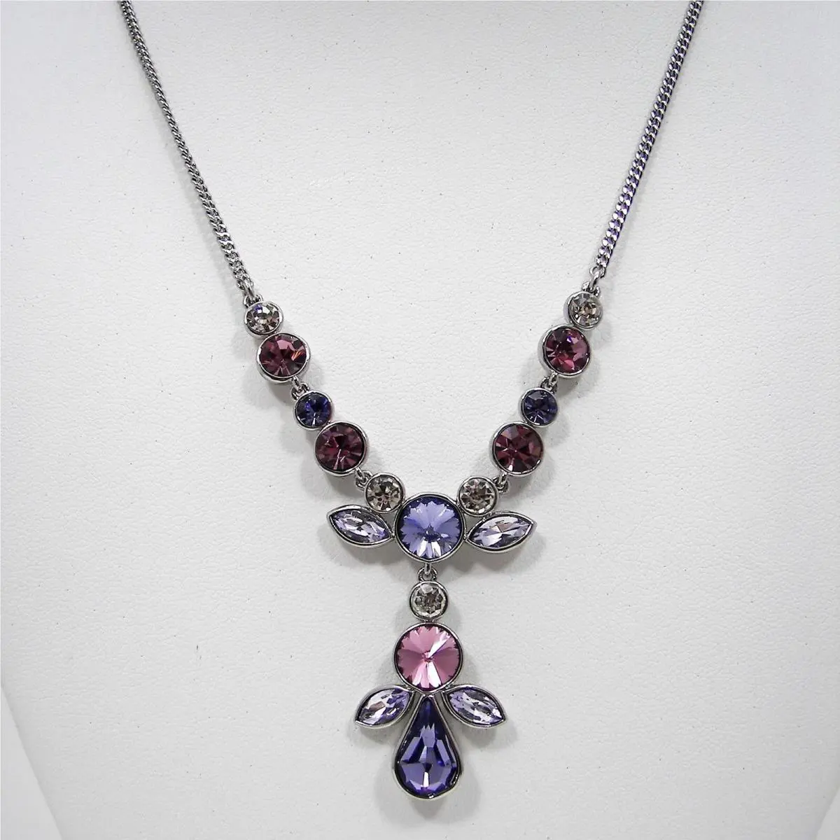 Givenchy Purple Pink Crystal Y Necklace Silver Tone Metal Statement Jewelry