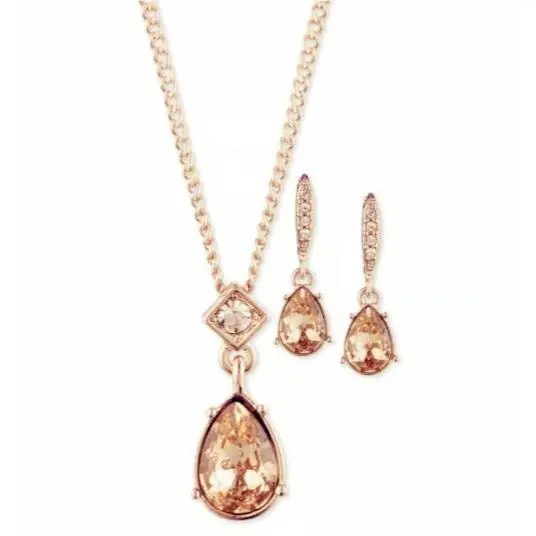 Givenchy Rose Gold Champagne Prem. Crystal Pear Tear Drop Earrings Necklace Set