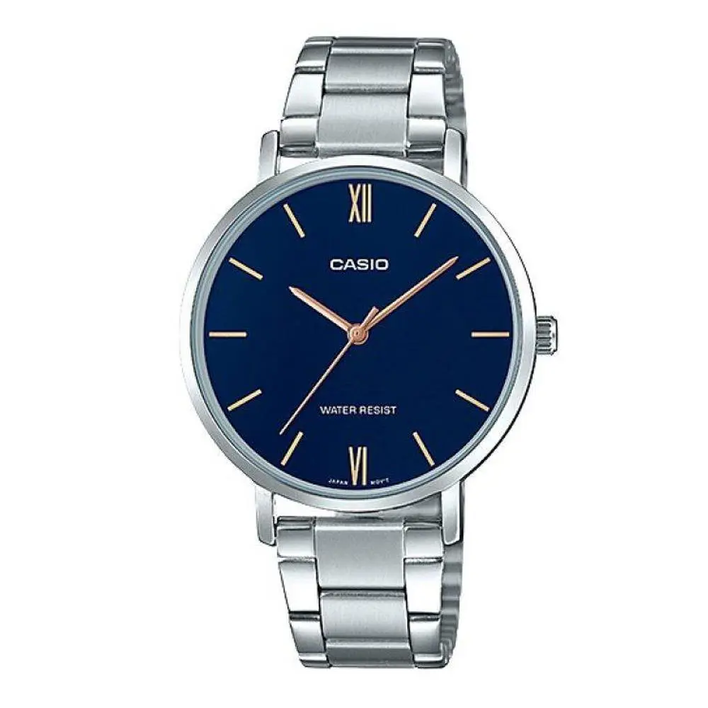 Casio LTP-VT01D-2B Women`s Minimalistic Stainless Steel Blue Dial Brown Watch