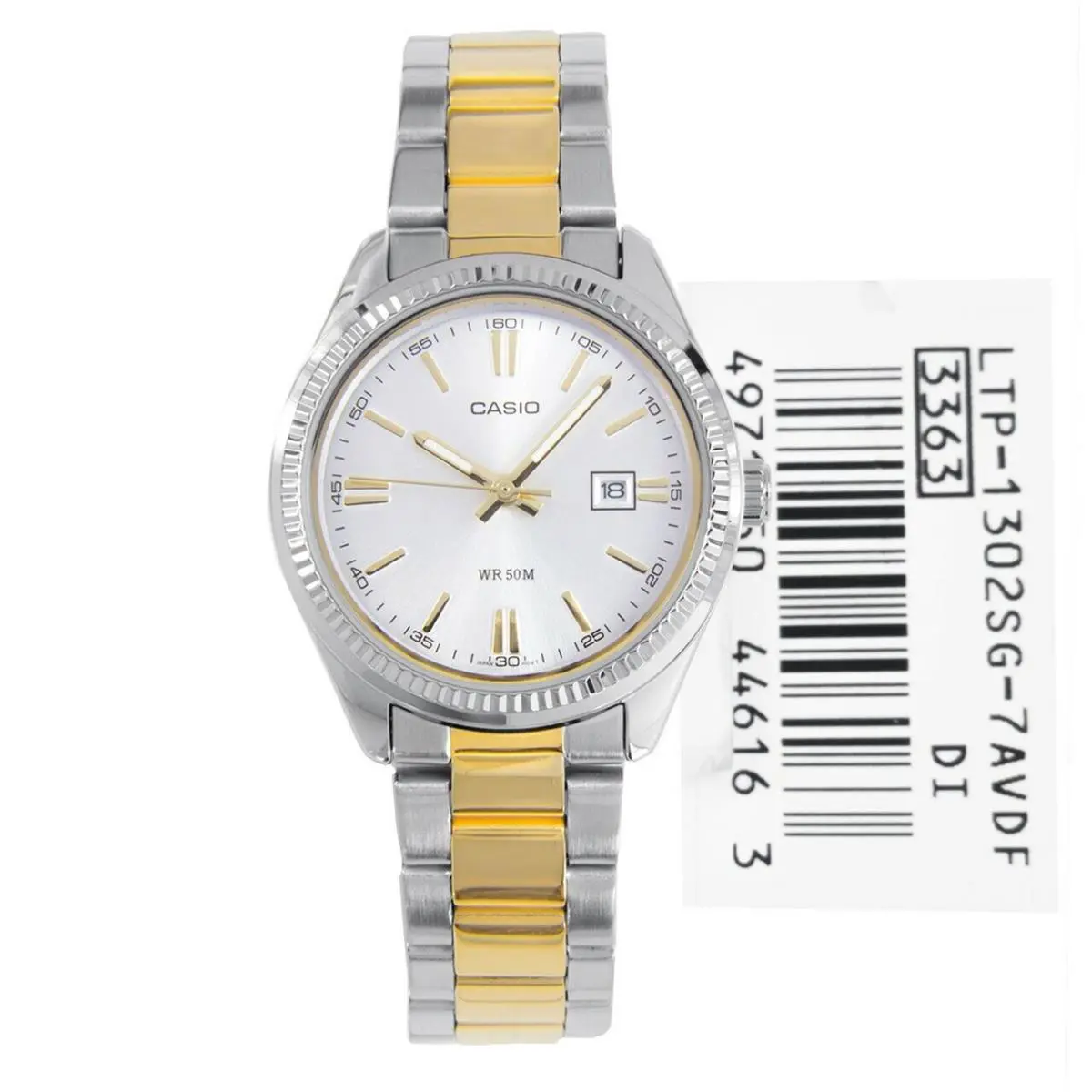 Casio Enticer Women`s White Dial Two Tone Analog Wrist Watch LTP-1302SG-7AVDF - White, Dial: Silver, Band: Silver, Gold