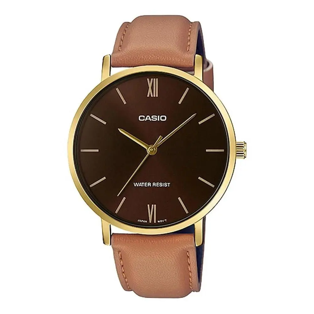 Casio MTP-VT01GL-5B Men`s Minimalistic Gold Tone Brown Leather Black Dial Watch
