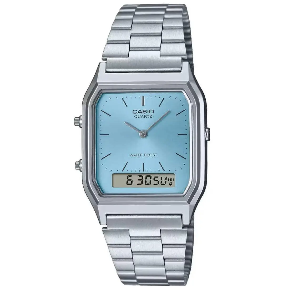 Casio Retro Stainless Steel Turquoise Blue Dial Digital Analog Watch AQ-230A-2A1 - Silver, Dial: Blue, Band: Silver