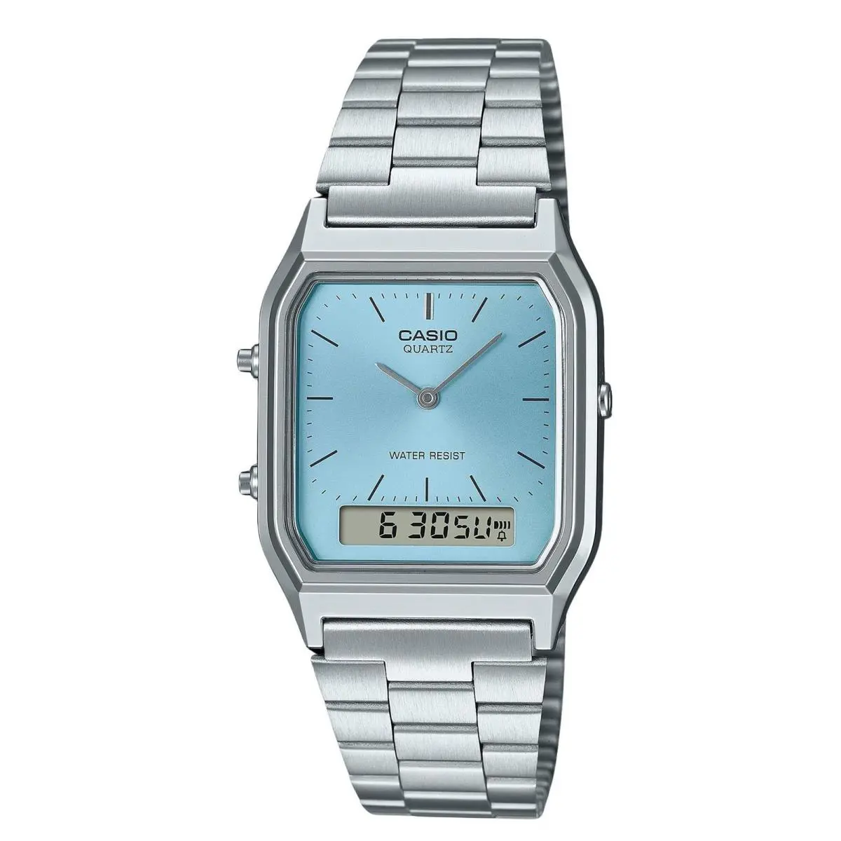 Casio AQ-230A-2A1 Ice Blue Retro Dual Time Vintage Series Digital Watch - Dial: Ice Blue, Band: Silver, Bezel: Silver
