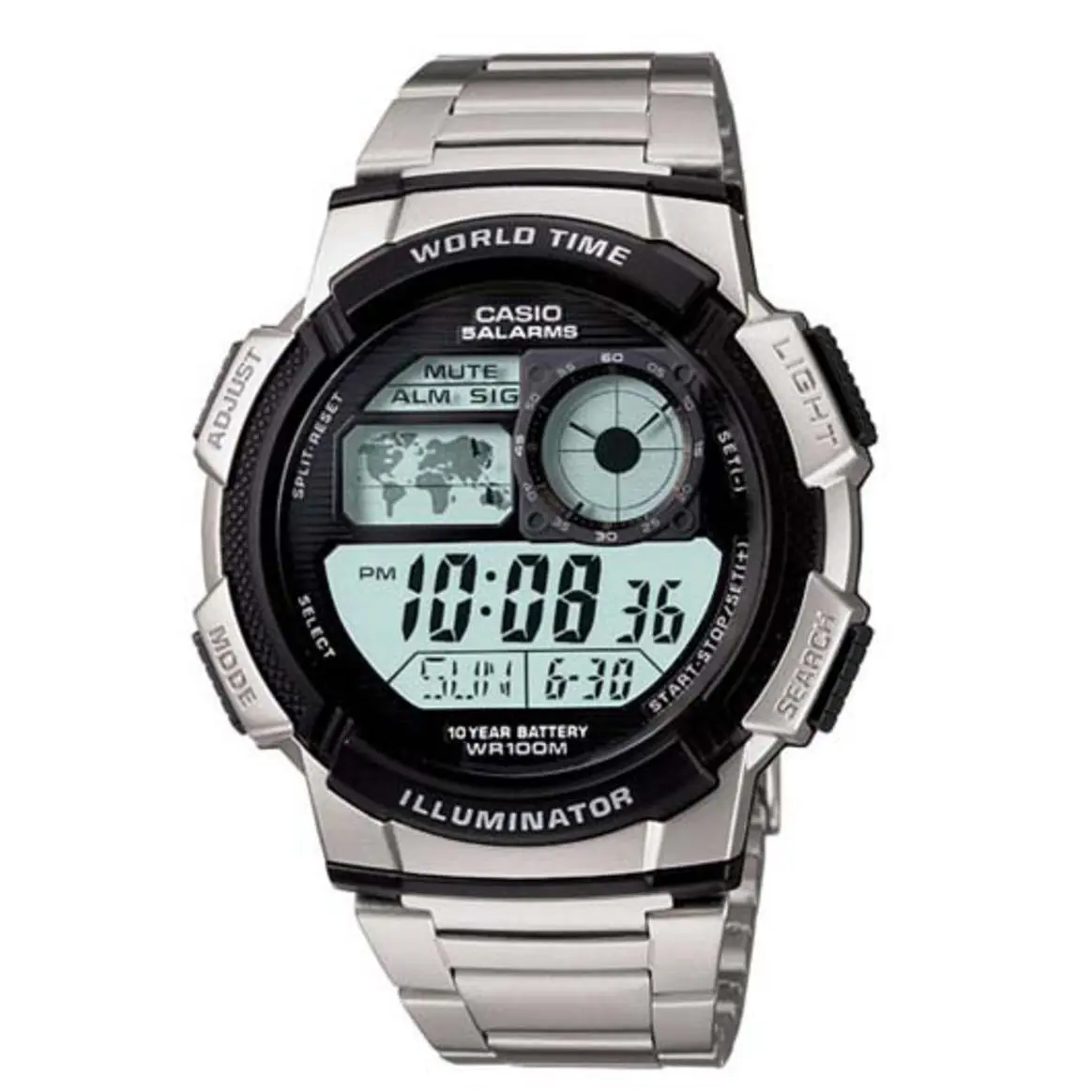 Casio Men`s Quartz World Time Illuminator Silver-tone 44mm Watch AE1000WD-1AV