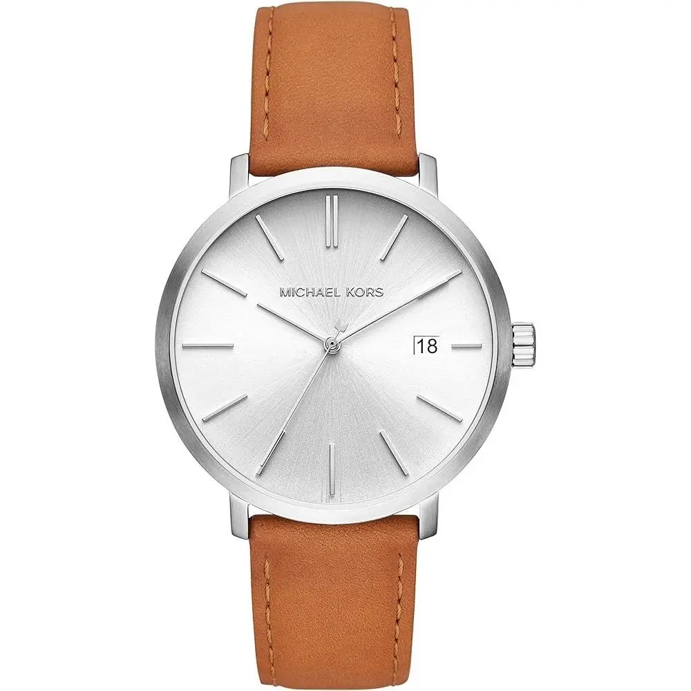 Michael Kors Mens Blake Silver Stainless Steel Brown Leather Watch MK8673