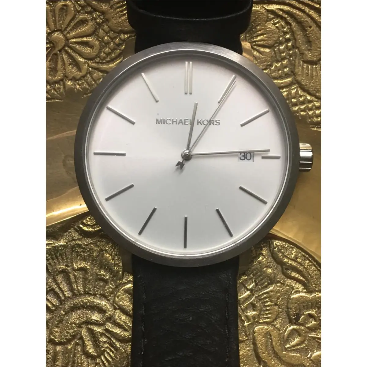Michael Kors Men`s Watch MK8674 Blake Quartz Silver Dial Black Leather Band 42mm - Dial: Silver, Black, Band: Brown, Black, Bezel: Silver