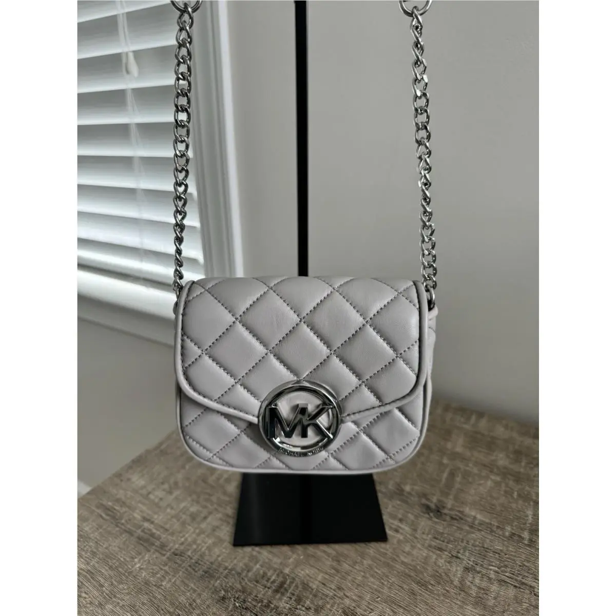 Michael Kors Fulton Small Flap Quilted Leather Crossbody Bag Pearl Grey