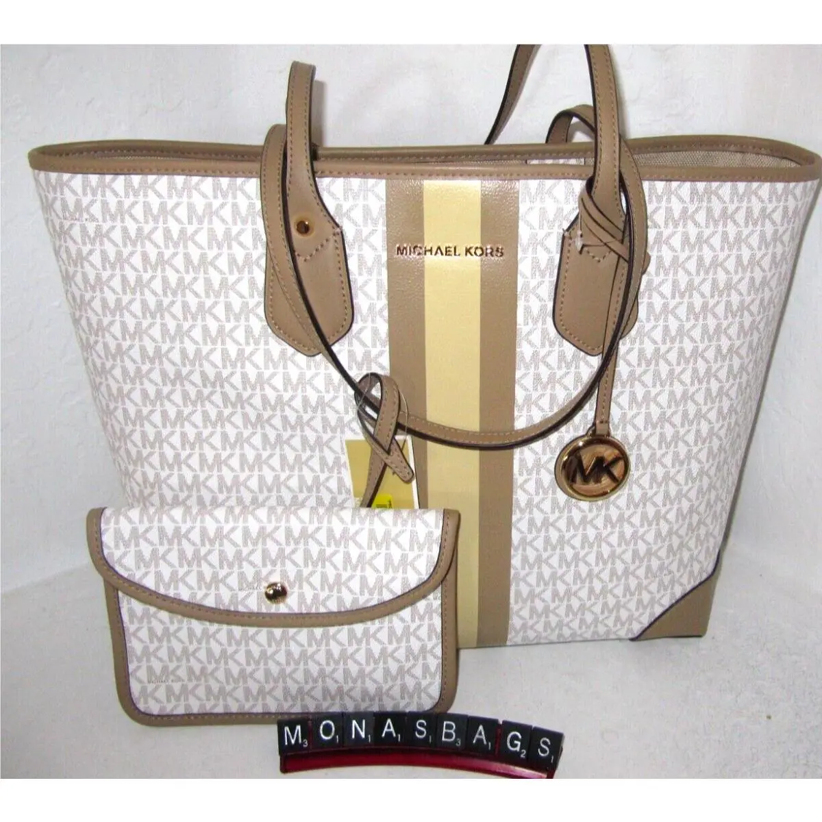 Michael Kors Eva MK Signature Buttermilk Multi Large Tote with Pouch NWT$298