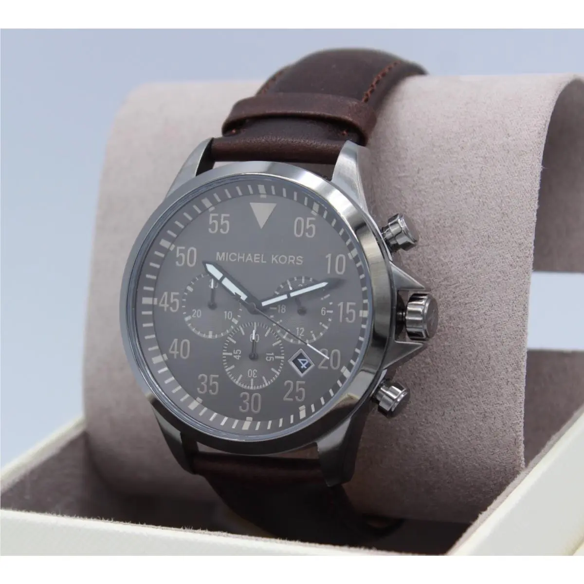 Michael Kors Thompkins Gray Brown Leather Chrono Mens MK8863 Watch