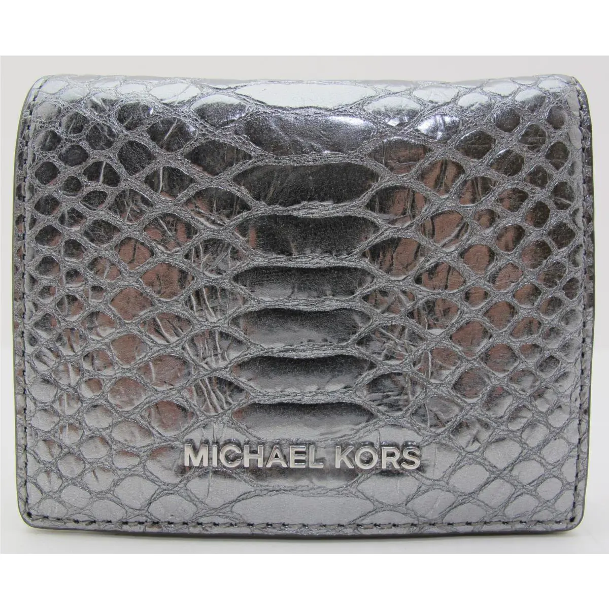 Michael Kors Flap Card Holder Embossed Leather Snap Wallet Pewter