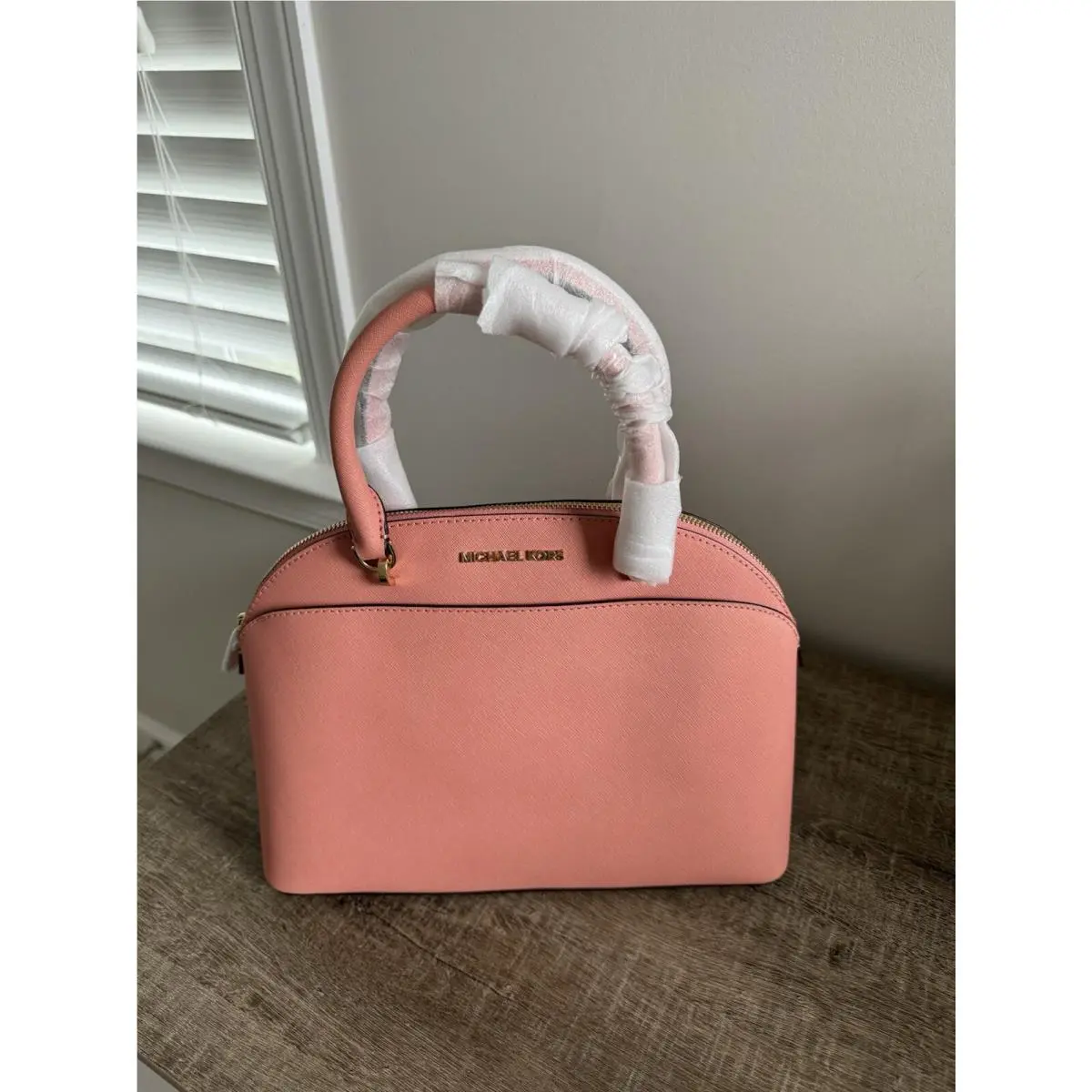 Michael Kors Emmy Large Dome Leather Satchel Shoulder Bag in Peach