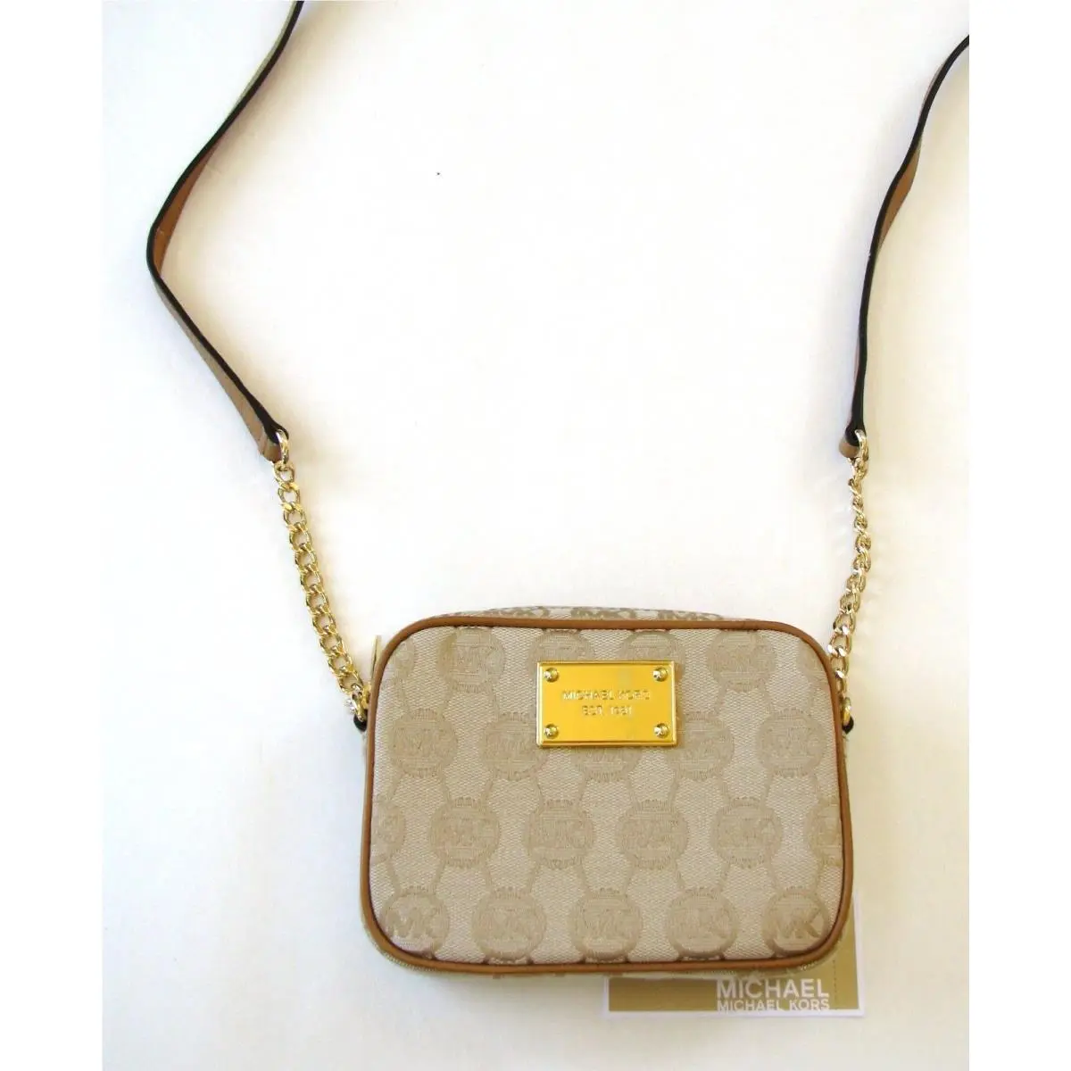 Michael Kors Biege+camel Tan Monogram MK Logo Jacquard Crossbody Handbag-new