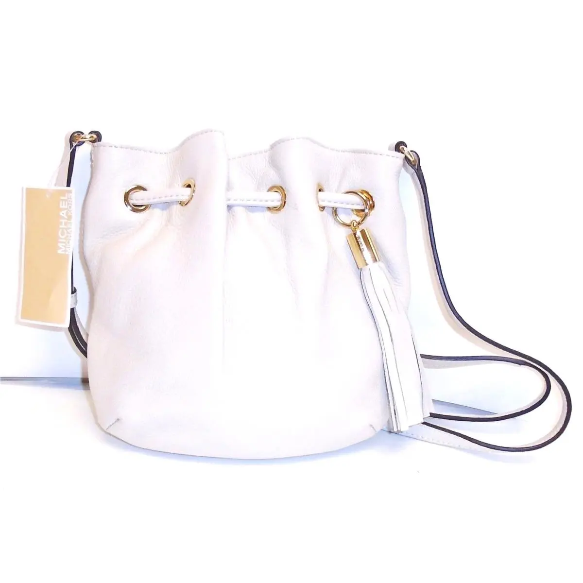 White Vanilla Leather Ring Tote Crossbody Hand Bag Gold Tassel by Michael Kors