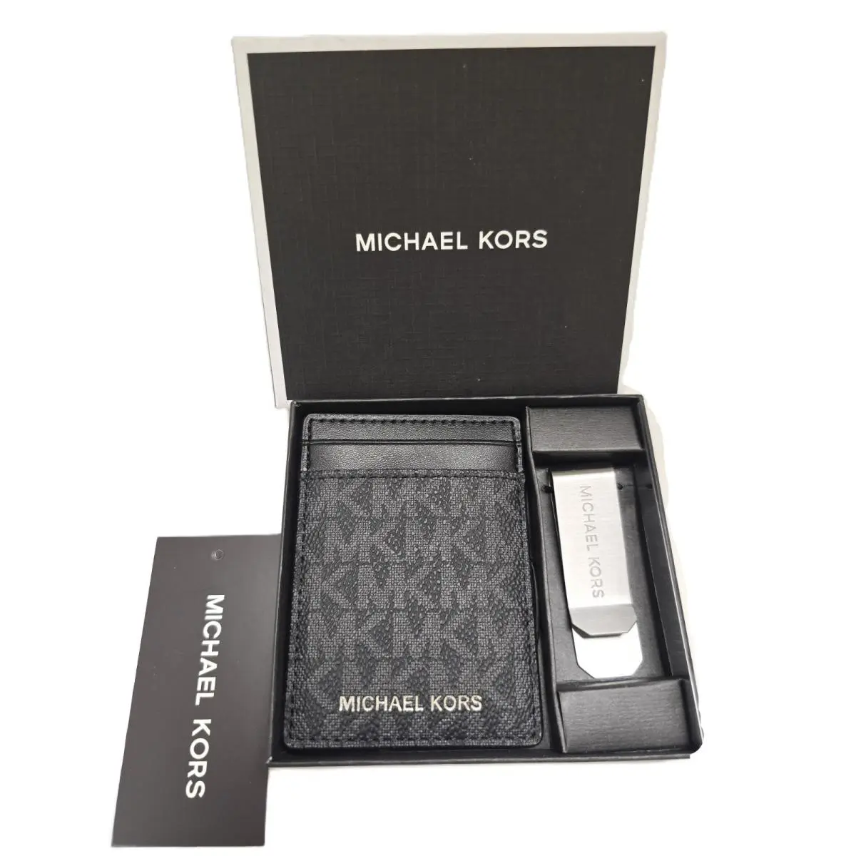Michael Kors Black MK Logo Signature Card Case with Bill Clip Men`s Wallet