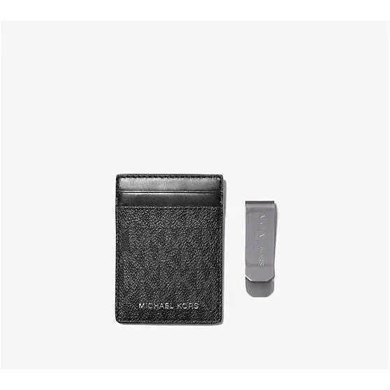 Michael Kors Black MK Logo Signature Card Case with Bill Clip Men`s Wallet