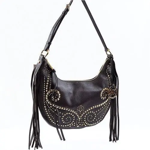 Rhea Dark Chocolate Leather Gold Studs Fringes Slouchy Crossbody by Michael Kors
