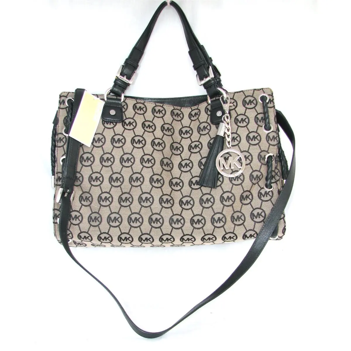 Michael Kors Salinas Black+biege MK Monogram Large Satchel Handbag Purse