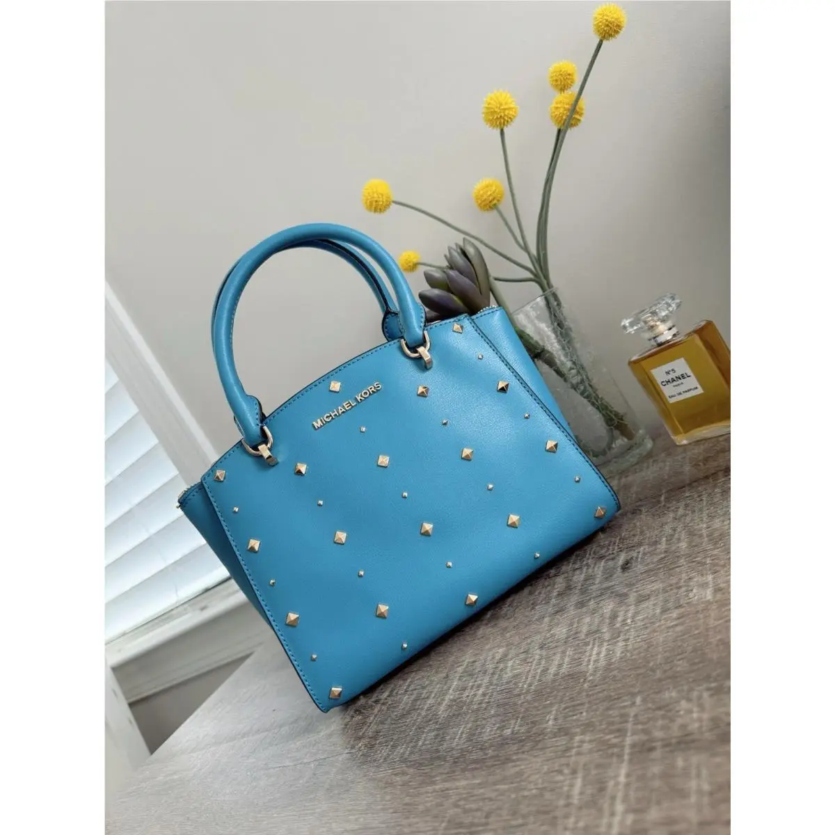 Michael Kors Ellis Small Convertible Satchel Crossbody Bag Studs Sky Blue