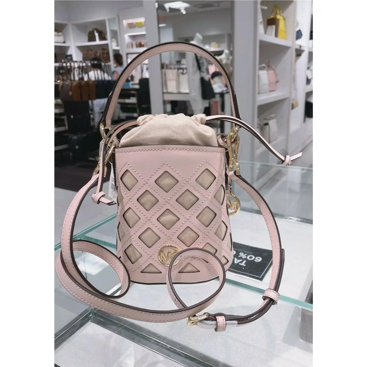 Michael Kors Aidy Small Bucket Drawstring Leather Crossbody Bag MK Powder Blush