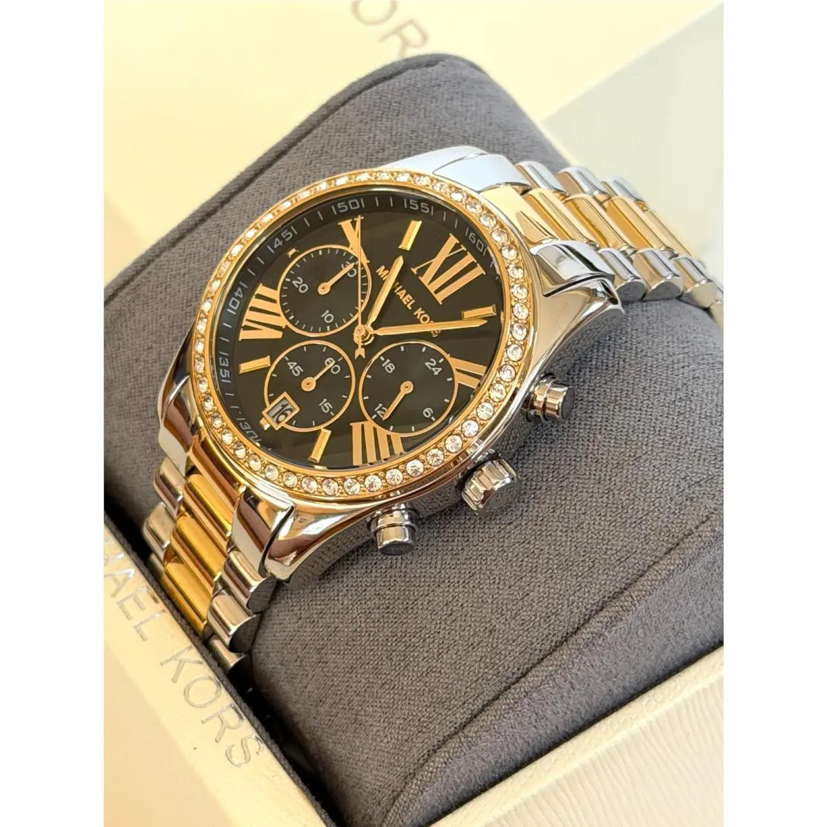Michael Kors MK7303 Womens Chronograph Two Tone Crystal Bezel Watch Bnwtbox