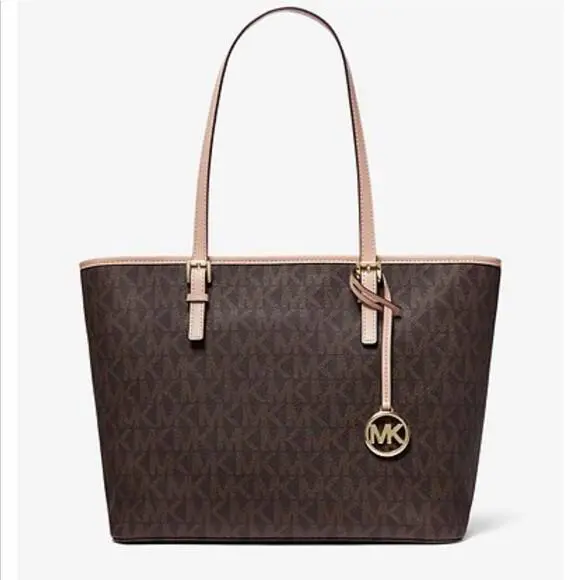 Michael Kors Jet Set Brown MK Signature Zip Tote TZ Bag Gold MK Charm 38F1CT9T3B