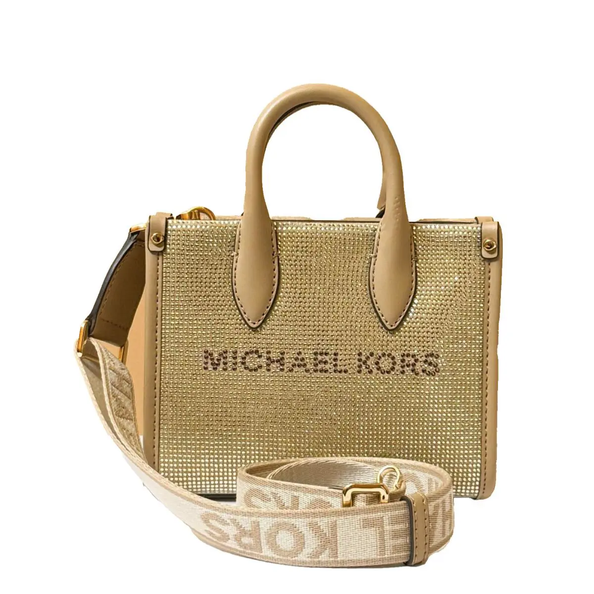 Michael Kors Mirella XS Mini Shopper Satchel Crossbody Sequins Bag Camel/gold