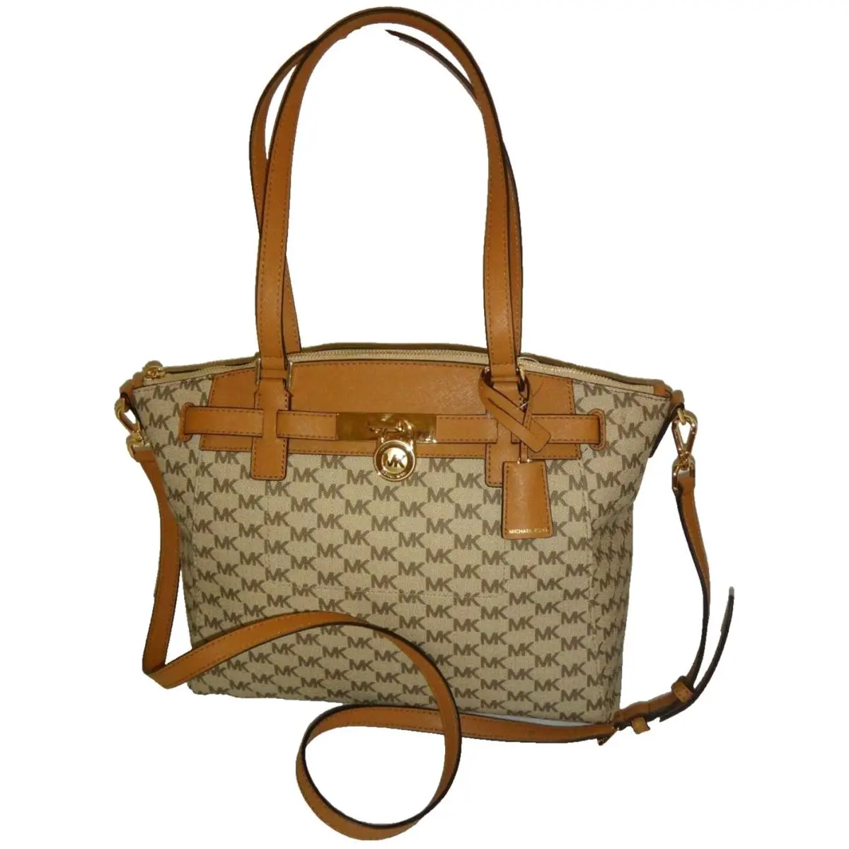 Michael Kors Hamilton Traveler MK Signature LG Zip Satchel Bag Gold Padlock +key