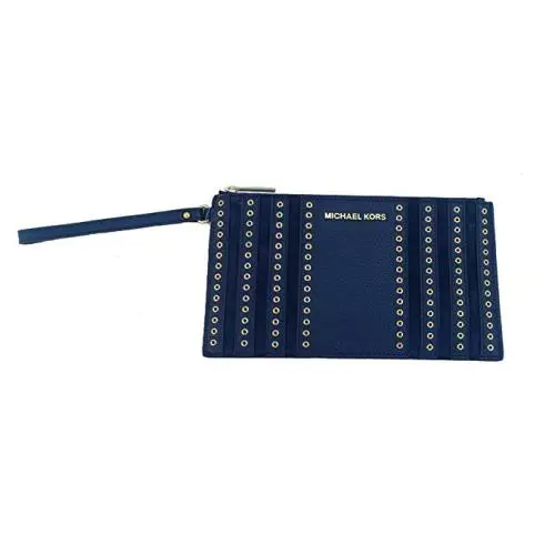 Michael Kors Mini Grommets Navy Blue Leather+suede Zip Wristlet Clutch Handbag - Exterior: NAVY BLUE,GOLD