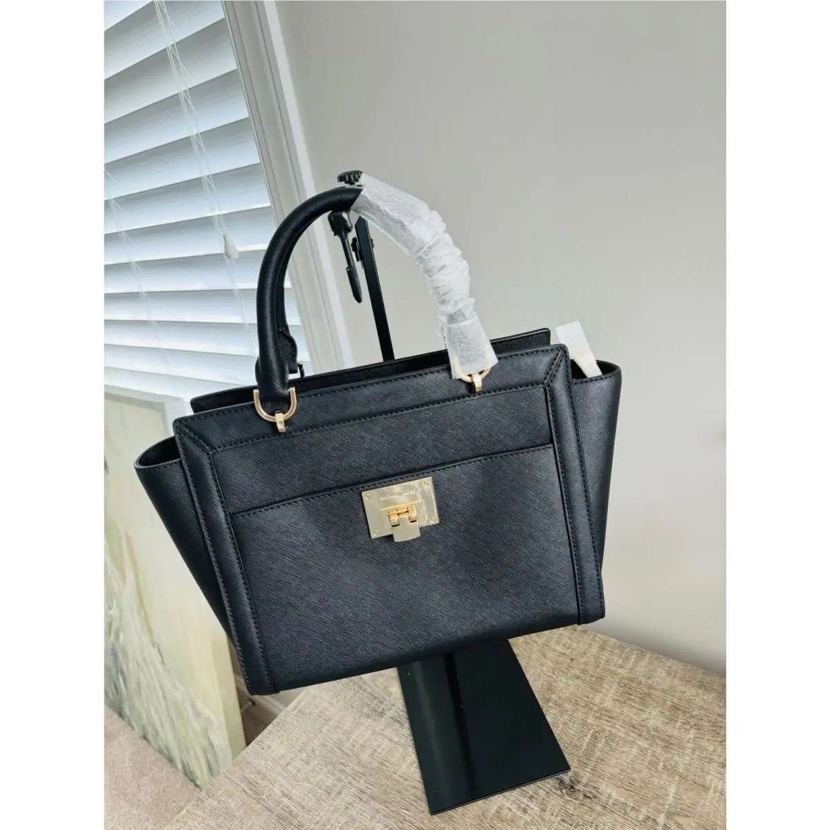 Michael Kors MK Tina Leather Satchel Large Top Handle Handbag Black Gold