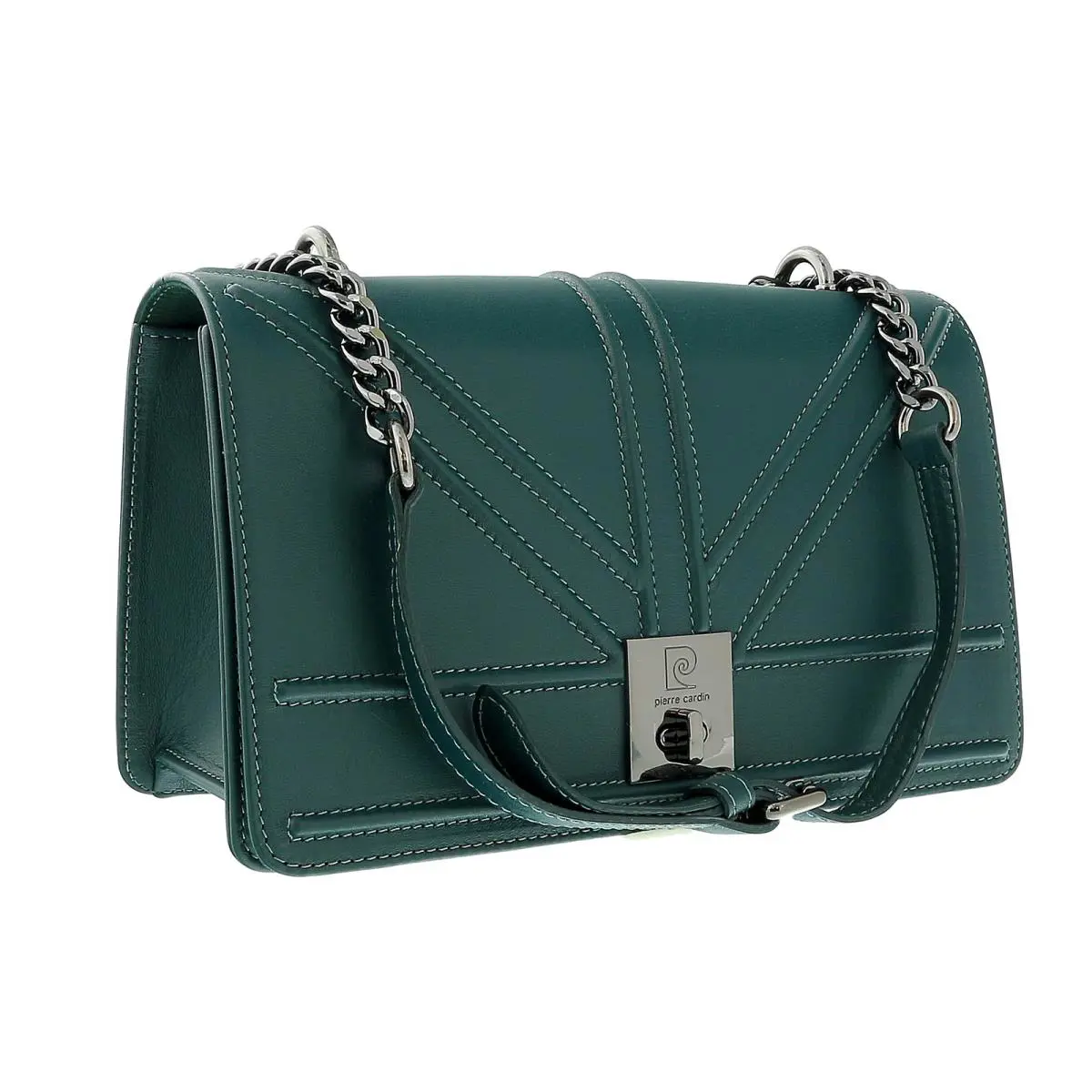 Teal Leather Small Structured Shoulder Bag by Pierre Cardin