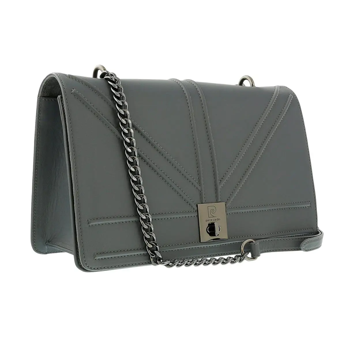 Grey Leather Medium Structured Shoulder Bag by Pierre Cardin