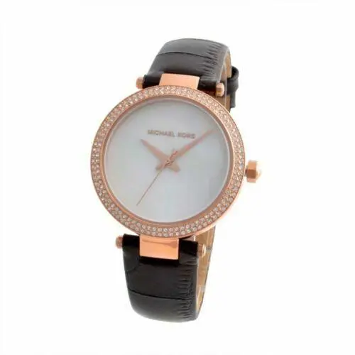 Michael Kors Women`s Mini Parker Black Leather Strap Mother of Pearl Dial Watch MK2591