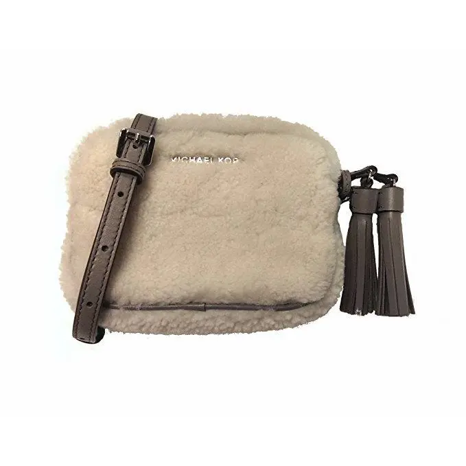 Michael Kors Jet Set Natural Shearling Fur+gray Leather Tassel Crossbody