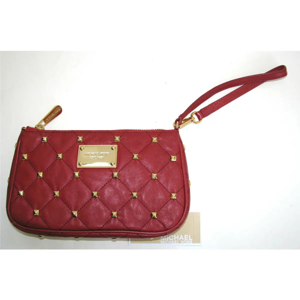 New-michael Kors Quilted Studs Red Leather+gold Tone Hardware Wristlet Clutch
