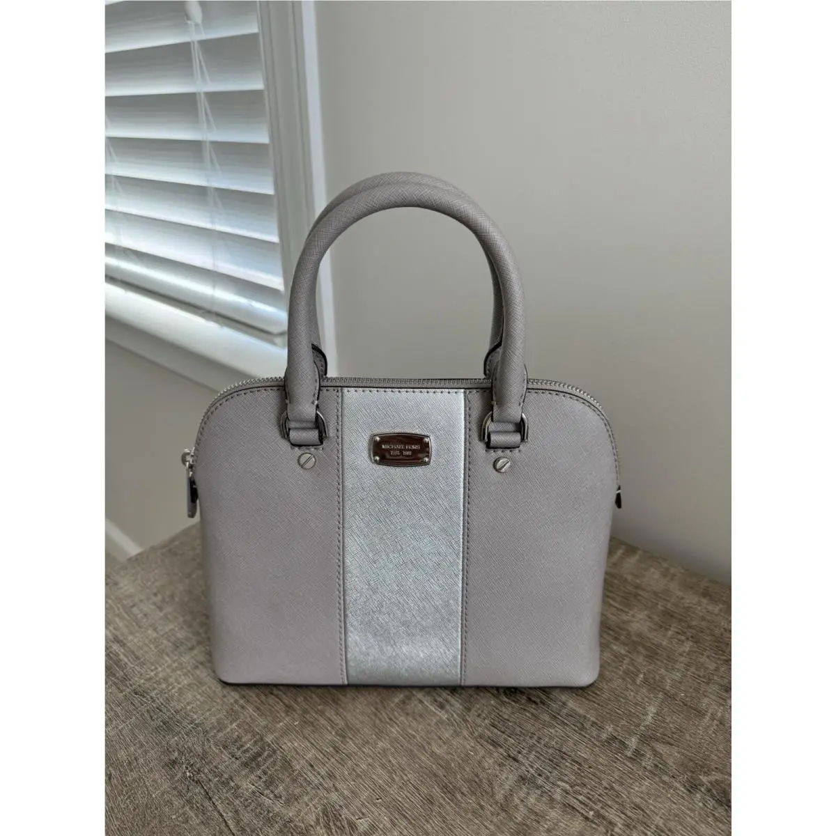 Michael Kors Met Center Stripe Cindy Small Dome Satchel Crossbody Pearl Gray