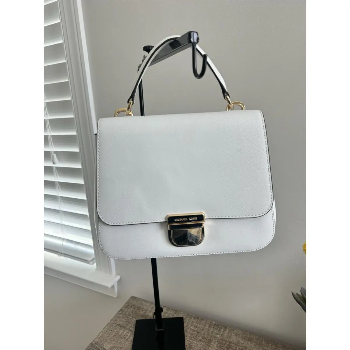 Michael Kors Bridgette Optic White Medium TH Messenger Leather Satchel