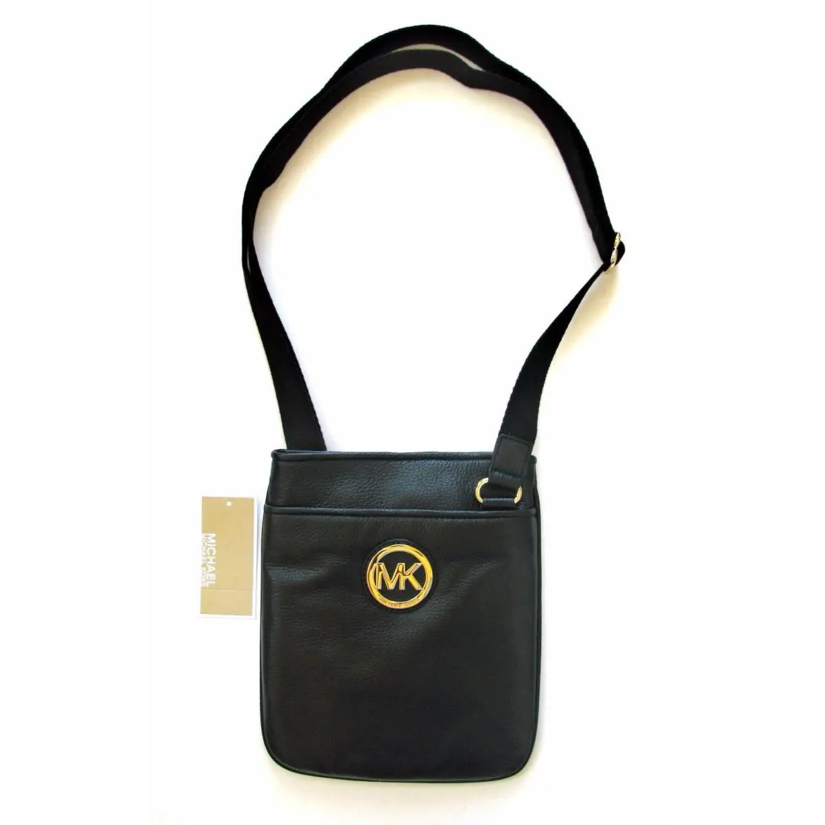 Michael Kors Fulton Black Leather Gold Tone Crossbody Handbag - Exterior: Blacks