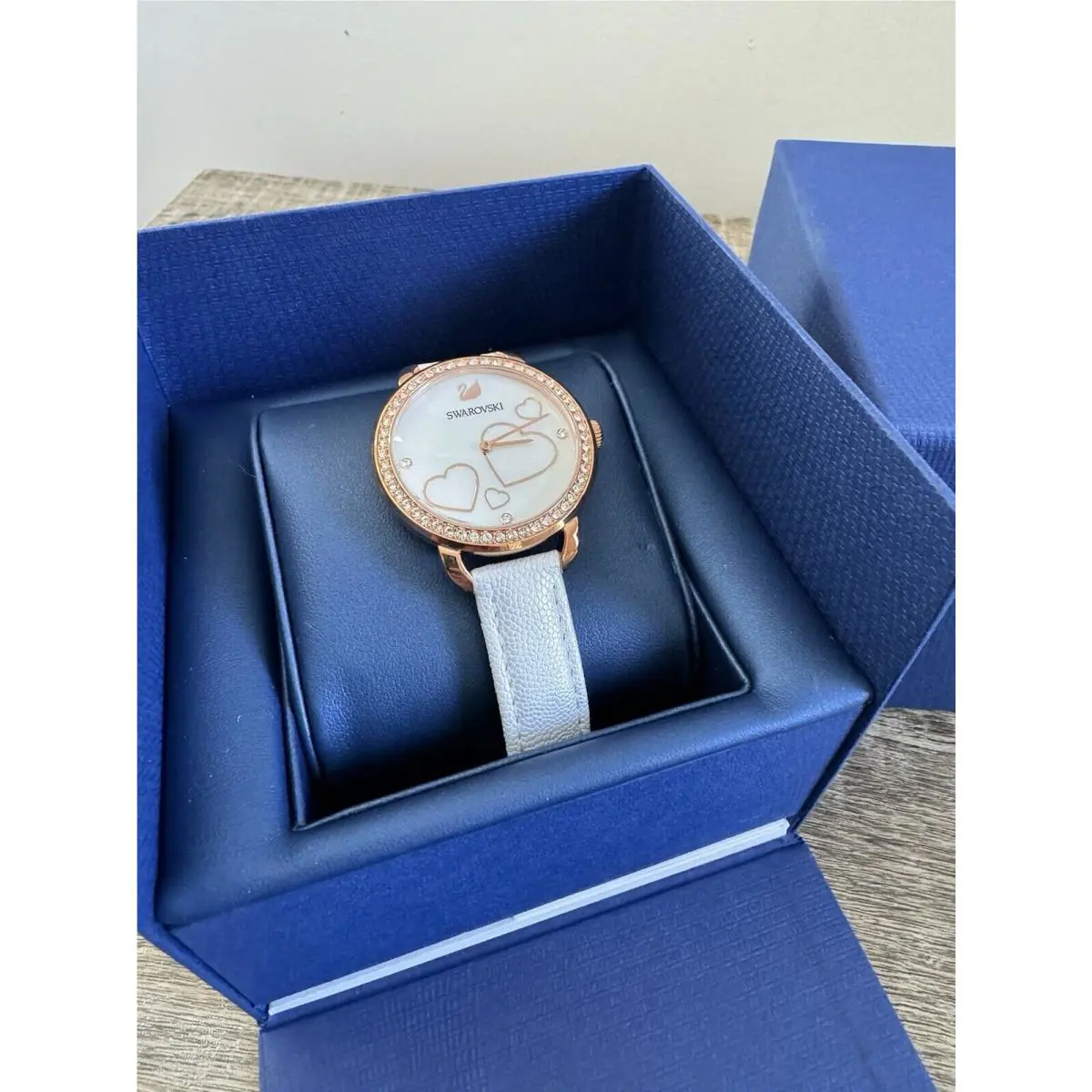Swarovski Aila Day Heart Mother of Pearl White Leather Watch 5242514